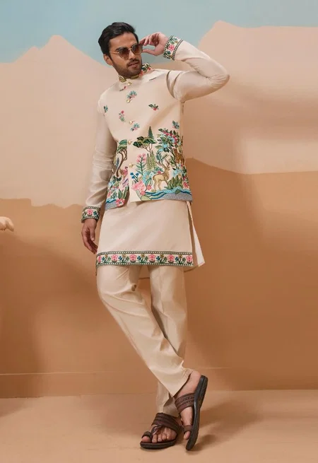 Vantara by Shubhvastra Viscose Silk Mens Kurta With Koti Bottom Wholesale Online
